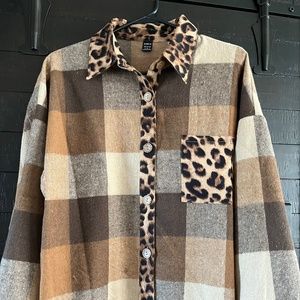 SHEIN Plaid Pattern Contrast Leopard Print Drop Shoulder Coat - Size S